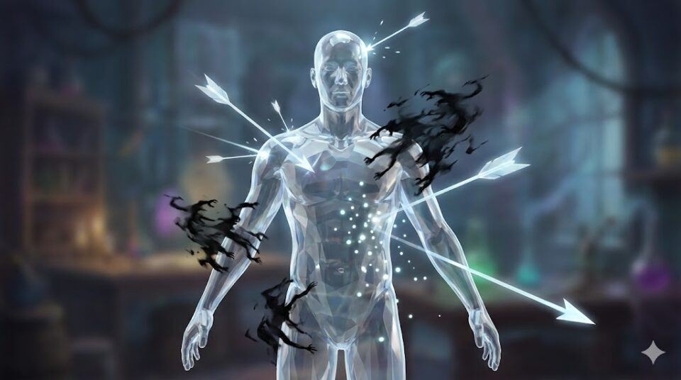 夢占い 虫にされる受動的状況。光の矢が刺さり、影がまとわりつき、光の粒子が体内に入り込む、クリスタルの人体模型を描いた抽象的なイラスト。