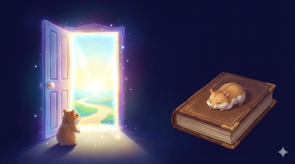 夢占い ハムスター 結末 光る扉と眠るハムスターの本のイラスト