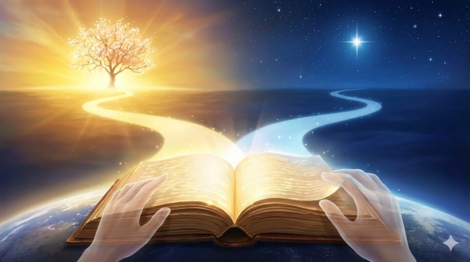 夢占い 抱きしめられる夢 結末別の挿絵。開かれた本から二つの光の道が伸び、一方は輝く木へ、もう一方は星空へと続く。