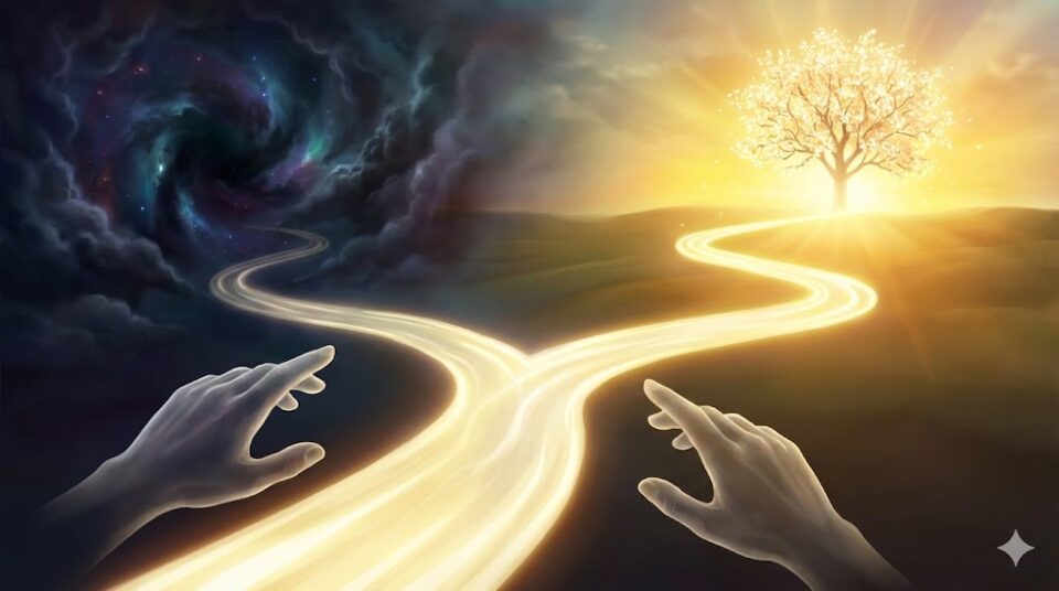 夢占い デートの夢 結末別の挿絵。光る道がハッピーエンドを象徴する輝く木と、バッドエンドを象徴する闇の渦へと分岐するイラスト。