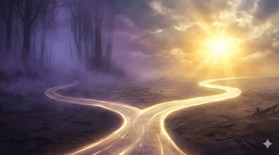 夢占い 振られる夢 結末別の挿絵。荒野の中で光る道が二手に分かれ、一方は輝く太陽へ、もう一方は霧深い暗い森へと続いているイラスト。