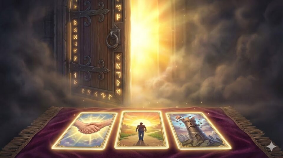 夢の結末を暗示する挿絵。光が差し込む開かれた扉の前に、和解、旅立ち、崩壊を示すタロットカードが並べられた幻想的なイラスト。