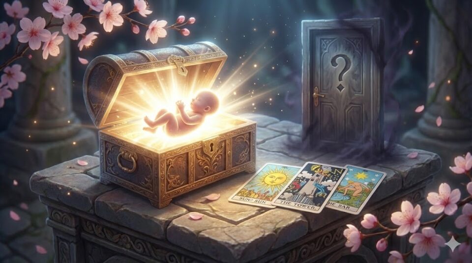 妊婦の夢における結末を象徴する挿絵。光り輝く赤ん坊が現れる宝箱、未来を示すタロットカード