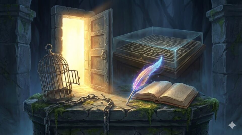 ストーカーの夢における結末を象徴する挿絵。光が差し込む開かれた扉、出口のない迷路の模型