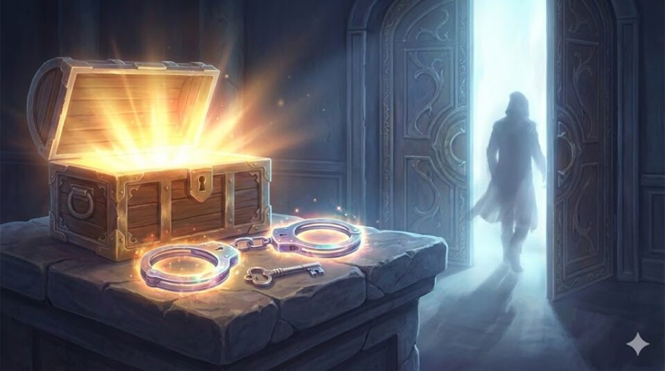 泥棒の夢における結末を象徴する挿絵。光り輝く宝箱