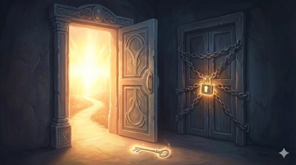 父親の夢における結末を象徴する挿絵。光が差し込む開かれた扉