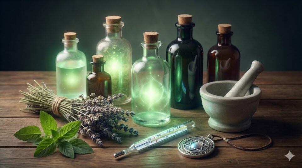 母親の夢における健康や病気を象徴する挿絵。様々な薬瓶、ハーブ、体温計、お守りが並び、癒やしの光