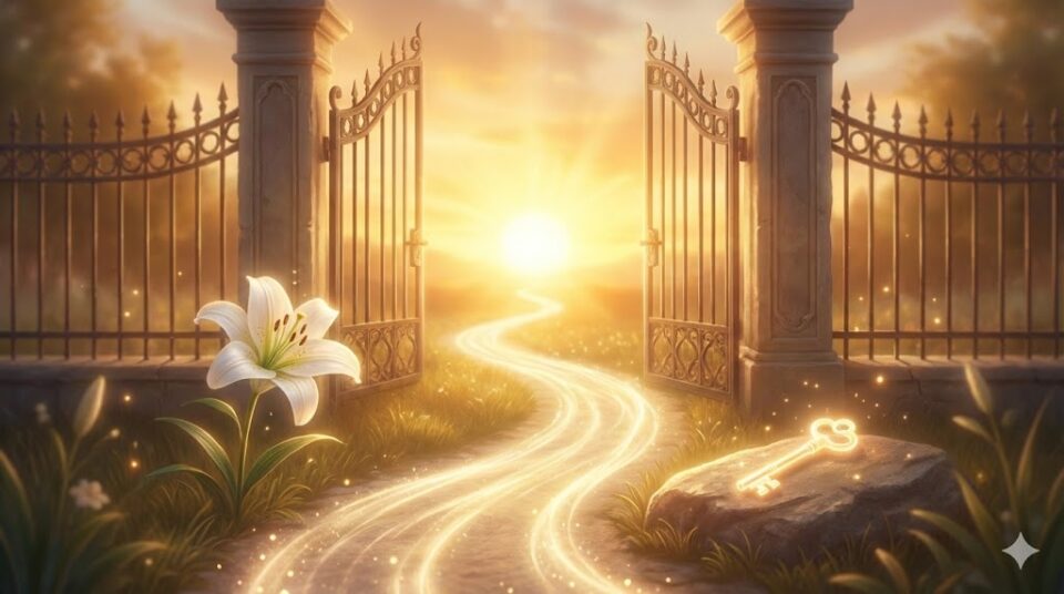 祖母の夢における結末を象徴する挿絵。美しい日の出に向かって続く光の道