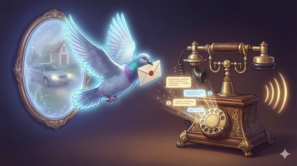 夢占い 元彼からのアプローチ。手紙を運ぶ光る伝書鳩と、メッセージが飛び出すアンティーク電話機、鏡に映る車の幻影が描かれた、連絡と接近を象徴するイラスト。