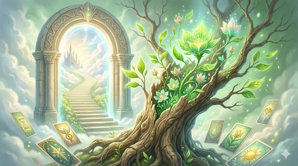 夢占い 上司の夢 原因 結末 芽吹く木と未来への扉のイラスト