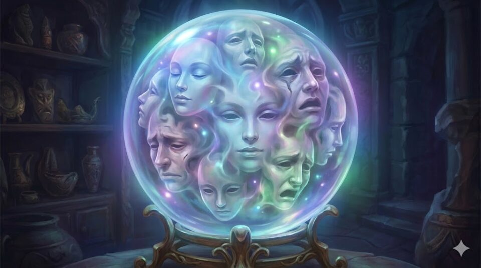 夢占い 同僚の夢 原因 対象 水晶玉の中に浮かび上がる複数の顔のイラスト