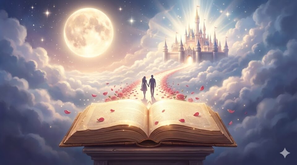 夢占い 恋愛の夢 結末 開かれた魔法の本から未来の城へと続く光の道のイラスト
