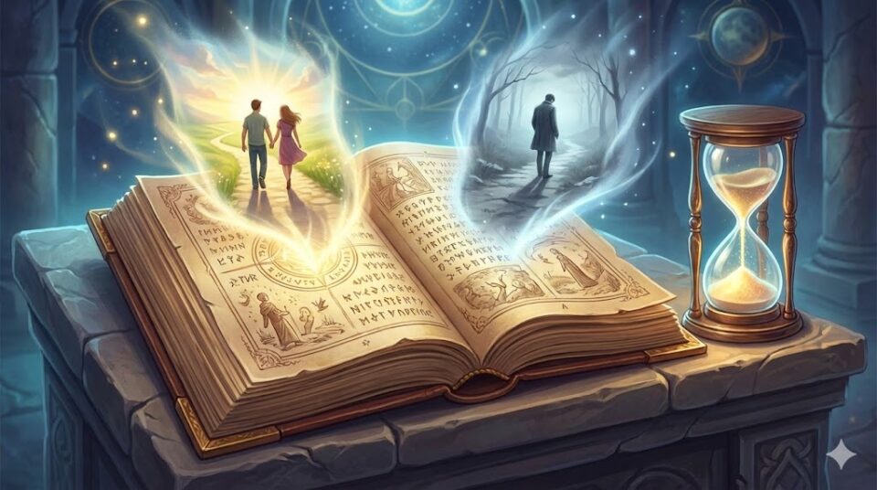 夢占い 結末 古い予言の書から幸福と別れの未来が浮かび上がるイラスト