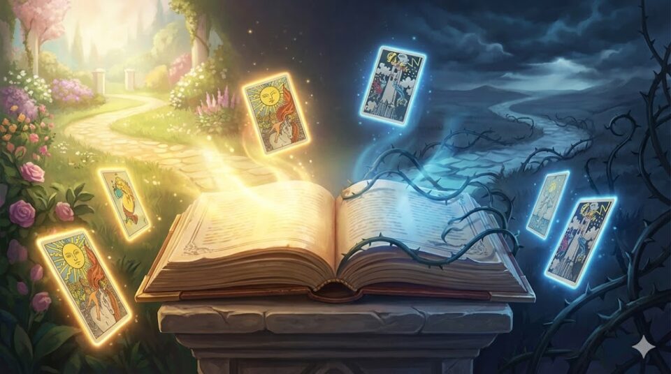 夢占い 祖父 結末 古い予言の書から吉兆の光の道と凶兆の影の道が分かれる抽象的なイラスト