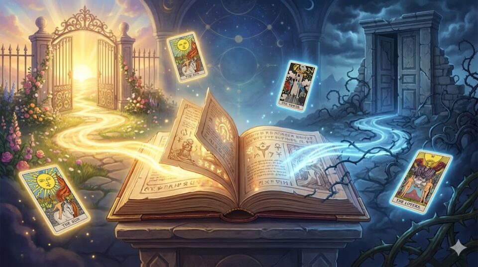 夢占い 弟 結末 古い予言書から光り輝く門への道と、閉ざされた扉への道が分岐する様子を描いた抽象的なイラスト