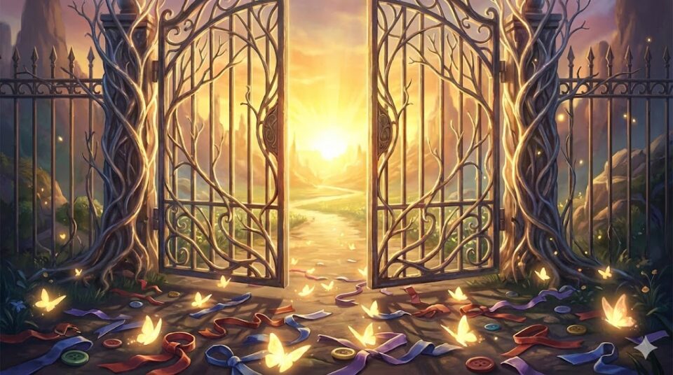 夢占い 卒業式 結末 光り輝く門が開き、その先に希望の日の出が見える様子と、足元の制服のリボンが蝶に変わる抽象的なイラスト