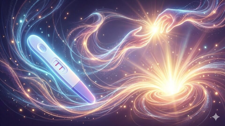 夢占い 妊娠 行動 検査薬 報告 出産 輝く検査薬のストリップ、喜びを分かち合うような光の交差、そして新たな生命の誕生を思わせる光の放出が描かれた幻想的なシーン。