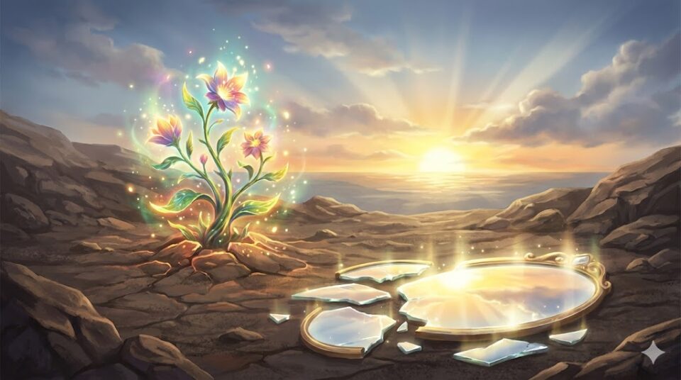 離婚する夢の意味 結末別 挿入画像。荒れた大地から光り輝く花が芽吹き、その横で割れた鏡の破片