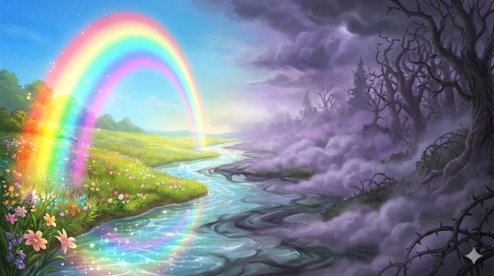 夢占い 泣く夢 結末別 虹がかかる明るい風景と霧に包まれた暗い風景
