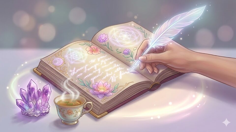 夢を見た後の具体的なアクションをテーマにした、幻想的な静物イラスト