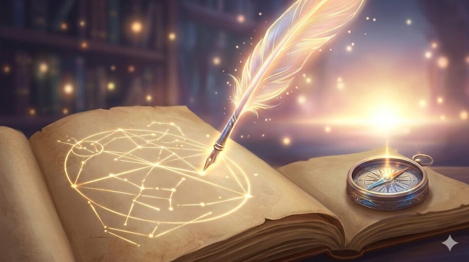 夢占い 元彼とデート この夢を見た後にできることを表す、輝くペンで手帳に新しい未来を描き、コンパスが指し示すイラスト。