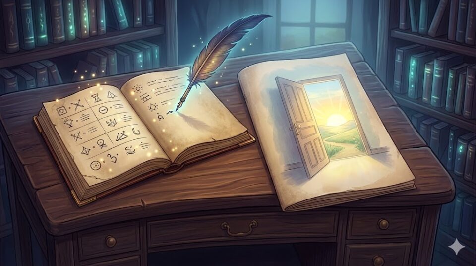 元彼と喧嘩する夢を見た後にできることを象徴する、神秘的な書斎に置かれた夢日記と未来の夜明けを映す手帳のイラスト