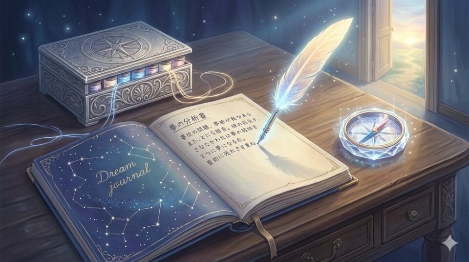 元彼と再会する夢を見た後にできることを象徴する、神秘的な書斎に置かれた夢日記と未来の夜明けを映す手帳のイラスト