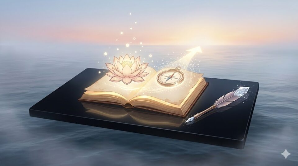 元彼と話す夢を見た後にできることを象徴する、浮かび上がった光の手帳と未来の夜明けを映す幻想的なイラスト