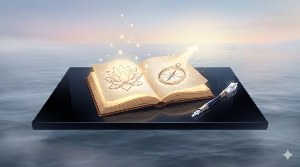 元彼が出てくる夢を見た後にできることを象徴する、浮かび上がった光の手帳と未来へのコンパスの幻想的なイラスト