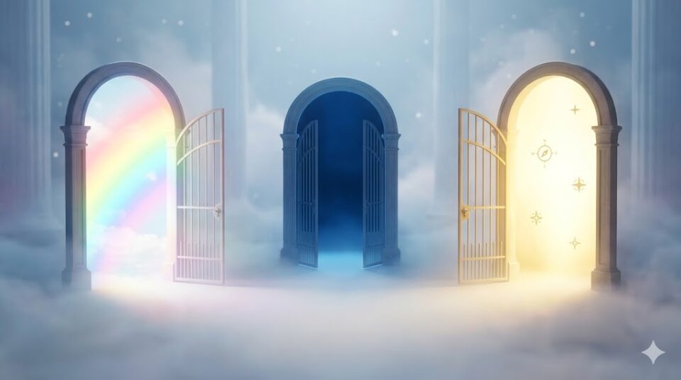 添い寝する夢の意味【結末別】 異なる虹色、深い青、黄金の光を放つ夢の出口が並ぶ幻想的なイラストレーション