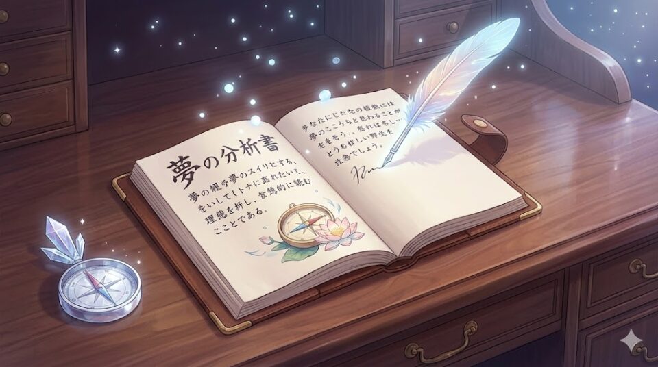 好きな人が右側にいる夢を見た後にできること 神秘的な書斎に置かれた夢日記と羅針盤の幻想的なイラストレーション