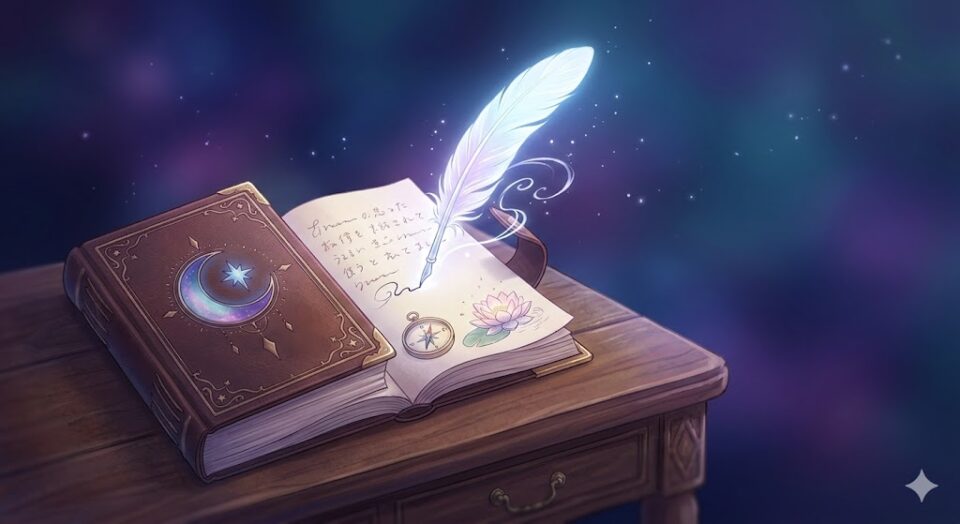 好きな人が左側にいる夢を見た後にできること。神秘的な書斎に置かれた夢日記と羅針盤の幻想的なイラストレーション