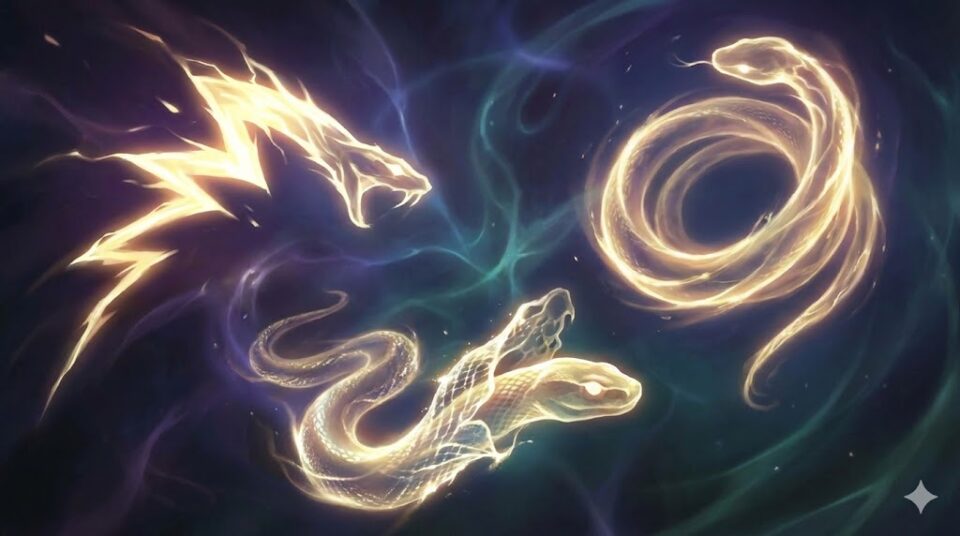 夢占い 蛇 行動 噛む 巻く 脱皮する様子を光のエネルギー体として表現した抽象画