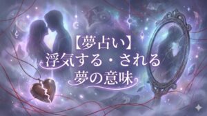 夢占い 浮気する される夢の意味 タイトル文字入り 幻想的な鏡と割れたロケットのイラスト