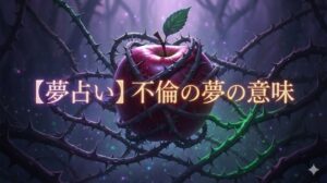 夢占い 不倫の夢の意味 タイトル文字入り 幻想的な光に包まれた禁断の果実と茨のイラスト