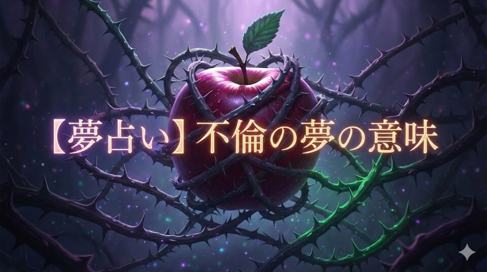 夢占い 不倫の夢の意味 タイトル文字入り 幻想的な光に包まれた禁断の果実と茨のイラスト