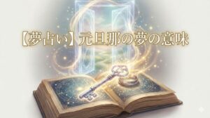 夢占い 元旦那の夢の意味を象徴する、魔法の光を放つ鍵と指輪、開かれた魔導書と光の扉の幻想的なイラスト。