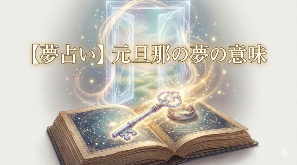 夢占い 元旦那の夢の意味を象徴する、魔法の光を放つ鍵と指輪、開かれた魔導書と光の扉の幻想的なイラスト。