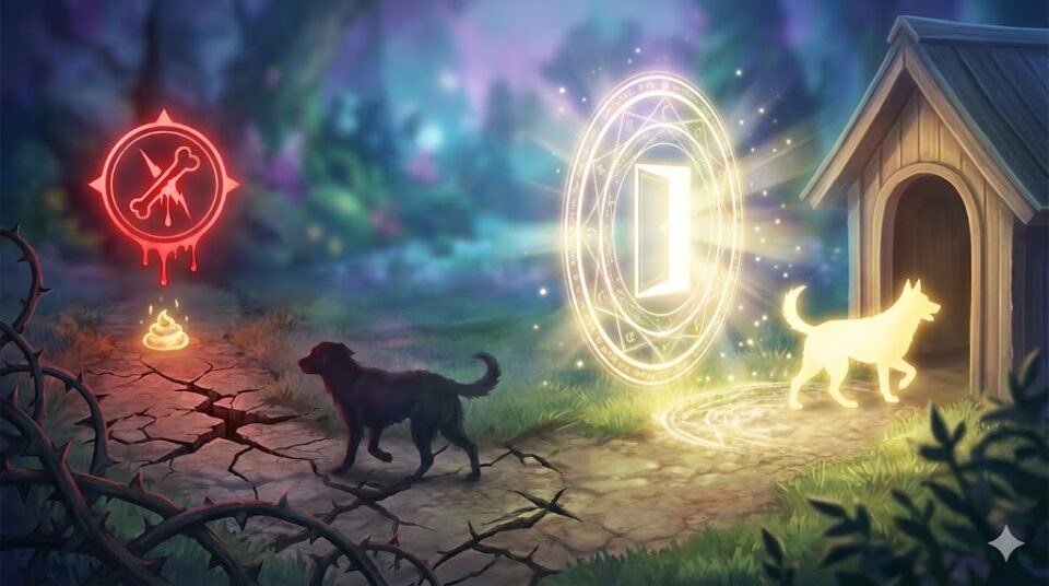 夢占い 犬 トラブル 警告 赤い警告シンボルと迷子の犬、光る浄化の魔法陣と安全な家が対比されたイラスト