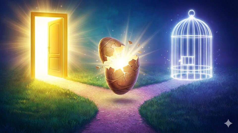 夢占い 追いかけられる夢の結末(逃げ切る、捕まる、再生)を象徴する、光の扉、檻、割れる卵の幻想的なイラスト