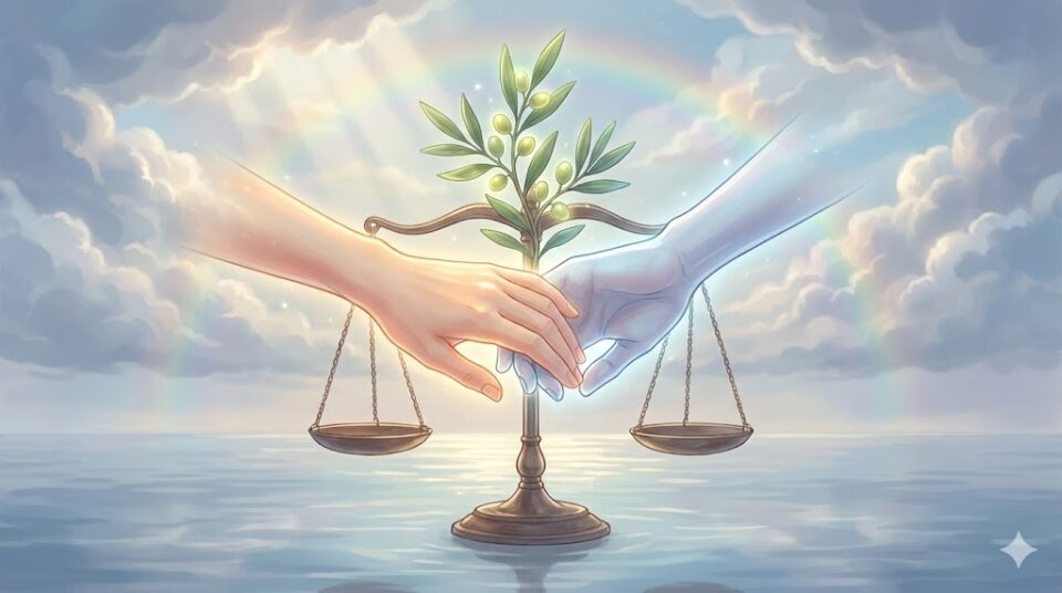 夢占い 喧嘩の結果と結末 和解の握手とオリーブの枝、天秤、虹が描かれた穏やかな幻想イラスト