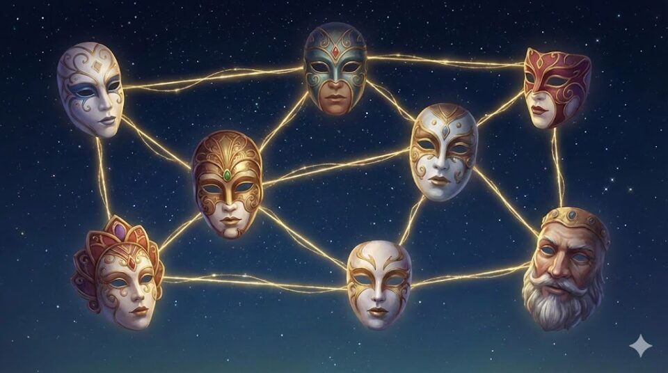 恋人の夢 相手 人物別を象徴する、星空の下で光の糸で繋がれた多様な仮面の幻想的なイラスト。