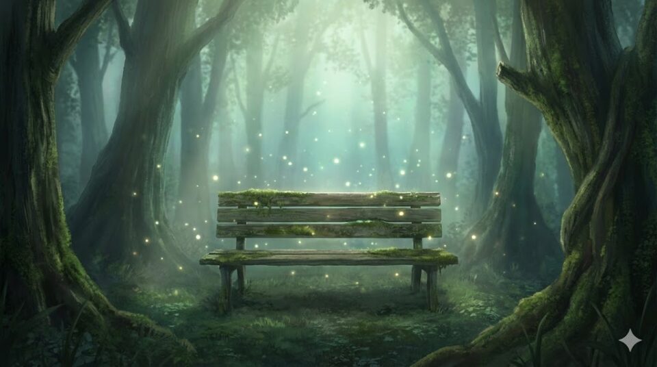 昔好きだった人の夢 場所 シチュエーション別を象徴する、霧深い森に佇む無人の幻想的なベンチのイラスト。