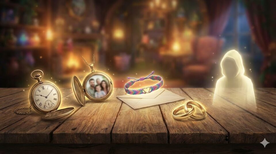 夢占い 亡くなった人 人物 祖父母の懐中時計、両親のロケット、友人のブレスレット、配偶者の指輪、知らない人のシルエットが並ぶ幻想的な静物イラスト