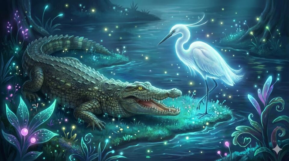 夢占いの記事「ワニの夢の意味【他の生き物と一緒に出てくる別】」の挿入画像。幻想的な光を放つ植物に囲まれた水辺で、ワニと美しい白い鳥が静かに共存しているイラスト。