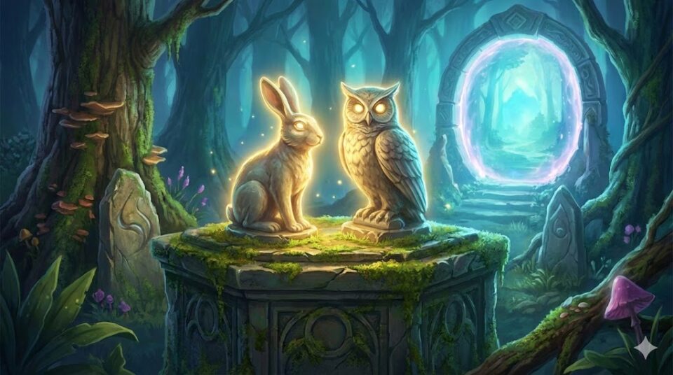夢占いの記事「うさぎの夢の意味【他の動物・場所別】」の挿入画像。神秘的な森の祭壇に、光るうさぎとフクロウの彫像が並び、背景には異世界へのポータルが開いている