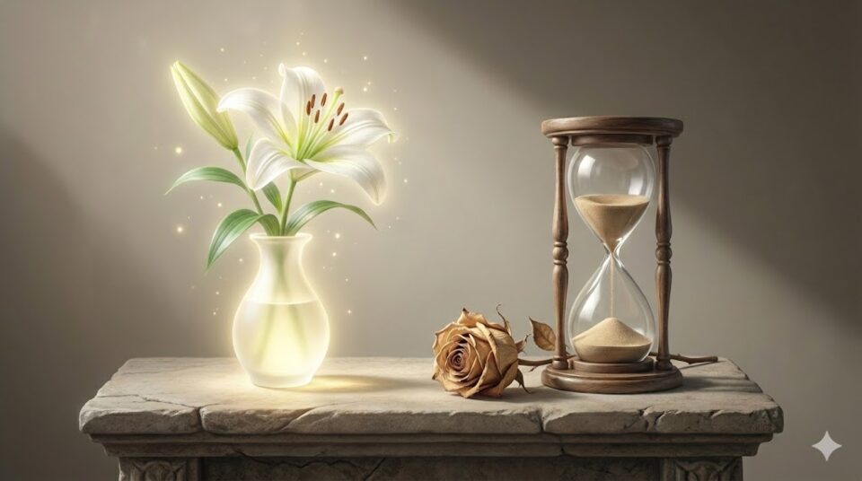 母親の夢における生と死の結末を象徴する挿絵。光り輝く百合の花