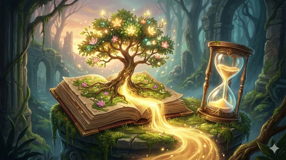 夢占い 友達の夢 ライフイベント 変化 本から成長する光る木と砂時計のイラスト