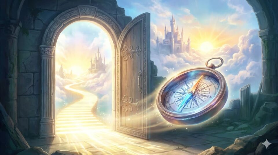 夢占い 同僚の夢 結末 開かれた扉と未来を指す羅針盤のイラスト