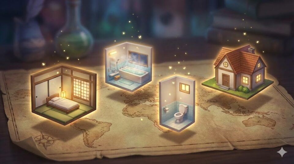 夢占い 虫がいた場所。寝室、浴室、トイレ、家全体のミニチュアが魔法の地図の上に浮かび、光の粒子が舞っている様子を描いた幻想的なイラスト。